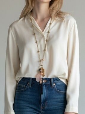 Chico's Long Gold Beaded Necklace with Pink Stone Charms